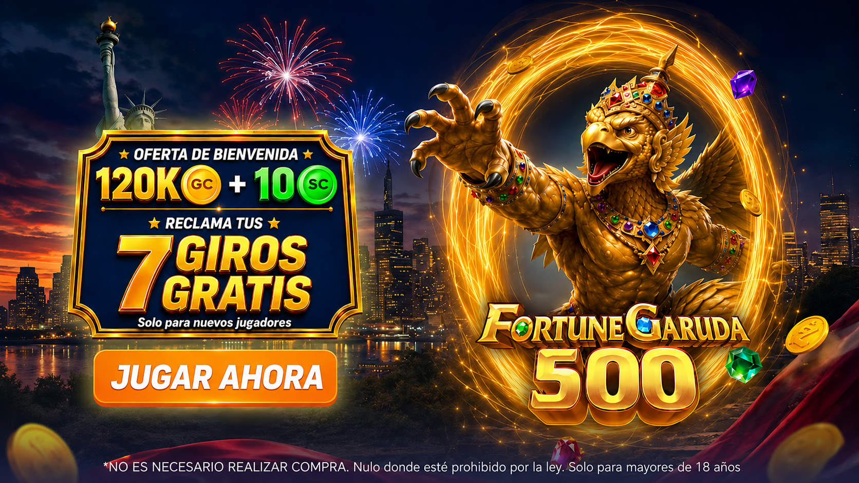 Ilustración dorada del ave Garuda con fuegos artificiales de fondo, arte promocional de la tragamoneda Fortune Garuda